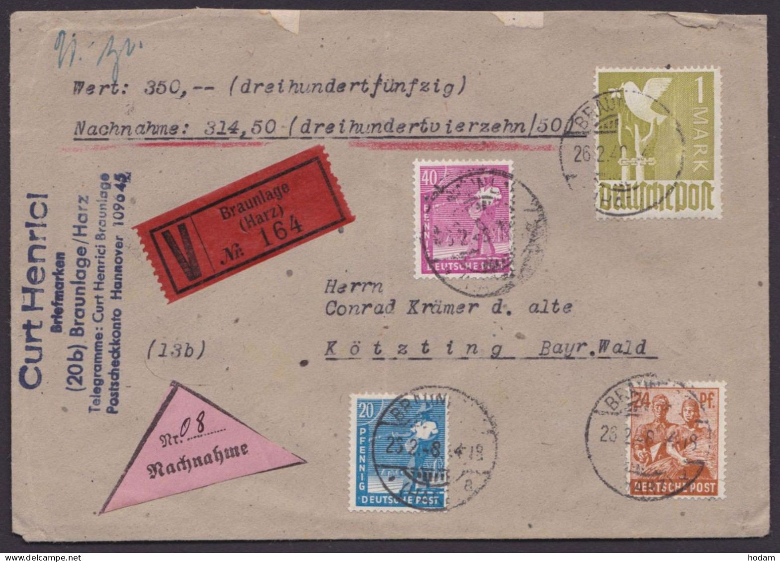 MiNr 959 U.a., Portoger. MiF Mit 4 Werten, NN-Wert-Brief "Braunlage", 26.2.48, Ankunft - Lettres & Documents