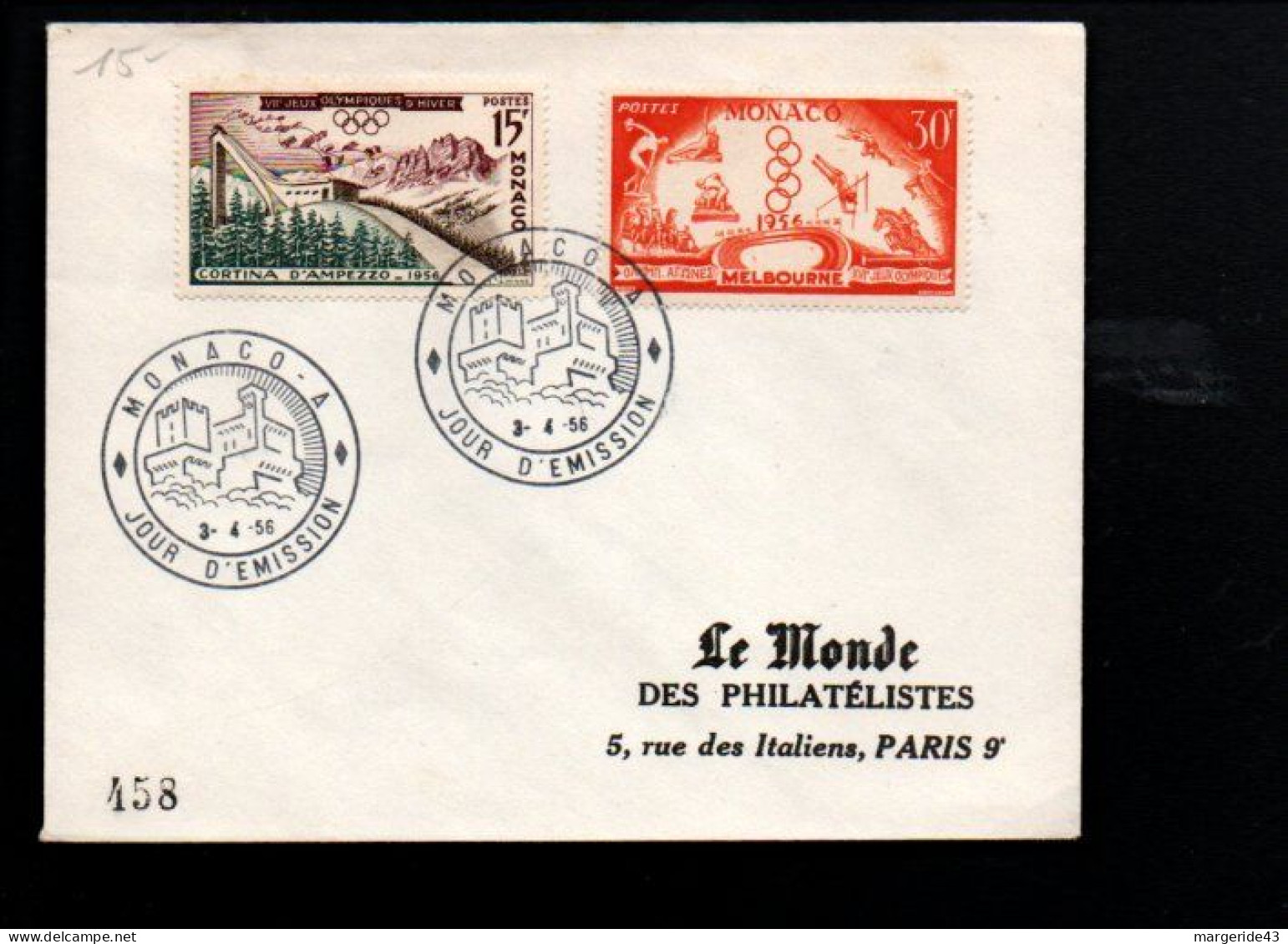 MONACO FDC 1956 J O MELBOURNE ET CORTINA D'AMPEZZO - FDC