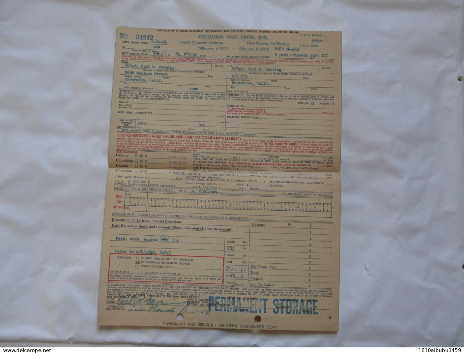 VIEUX PAPIERS - RECEPISSE COLOMBIA VAN LINES,INC. - Historical Documents