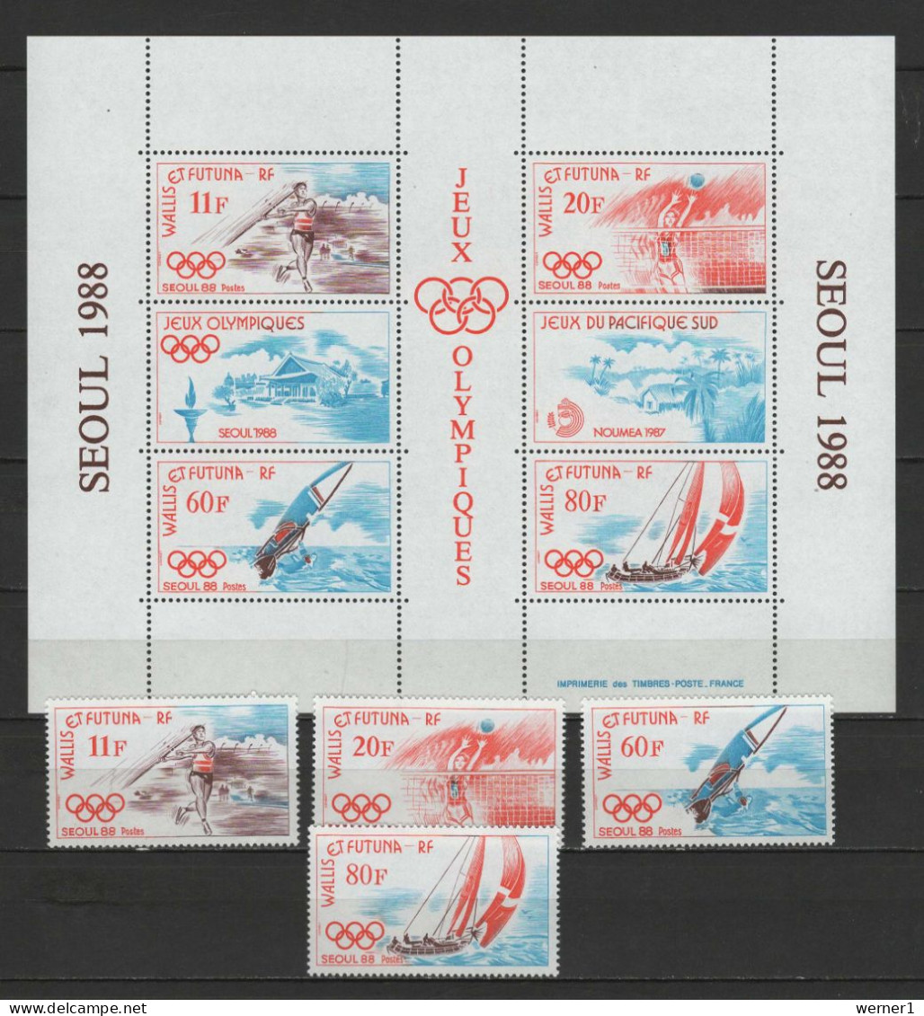 Wallis & Futuna 1988 Olympic Games Seoul, Javelin, Volleyball, Sailing, Windsurfing Set Of 4 + S/s MNH - Verano 1988: Seúl