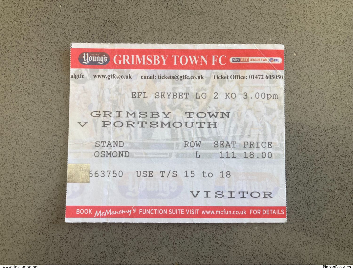 Grimsby Town V Portsmouth 2016-17 Match Ticket - Tickets D'entrée