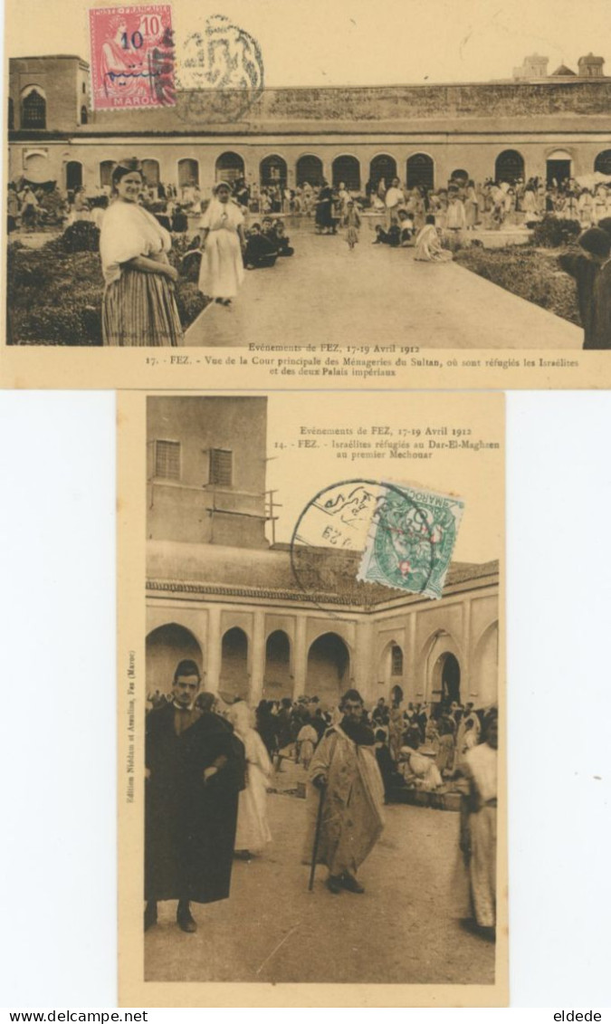 2 Cards Judaica In Fez 1912. Jewish Refugees  Israelites Stampes Balnc Mouchon Edit Niddam Assouline - Judaika