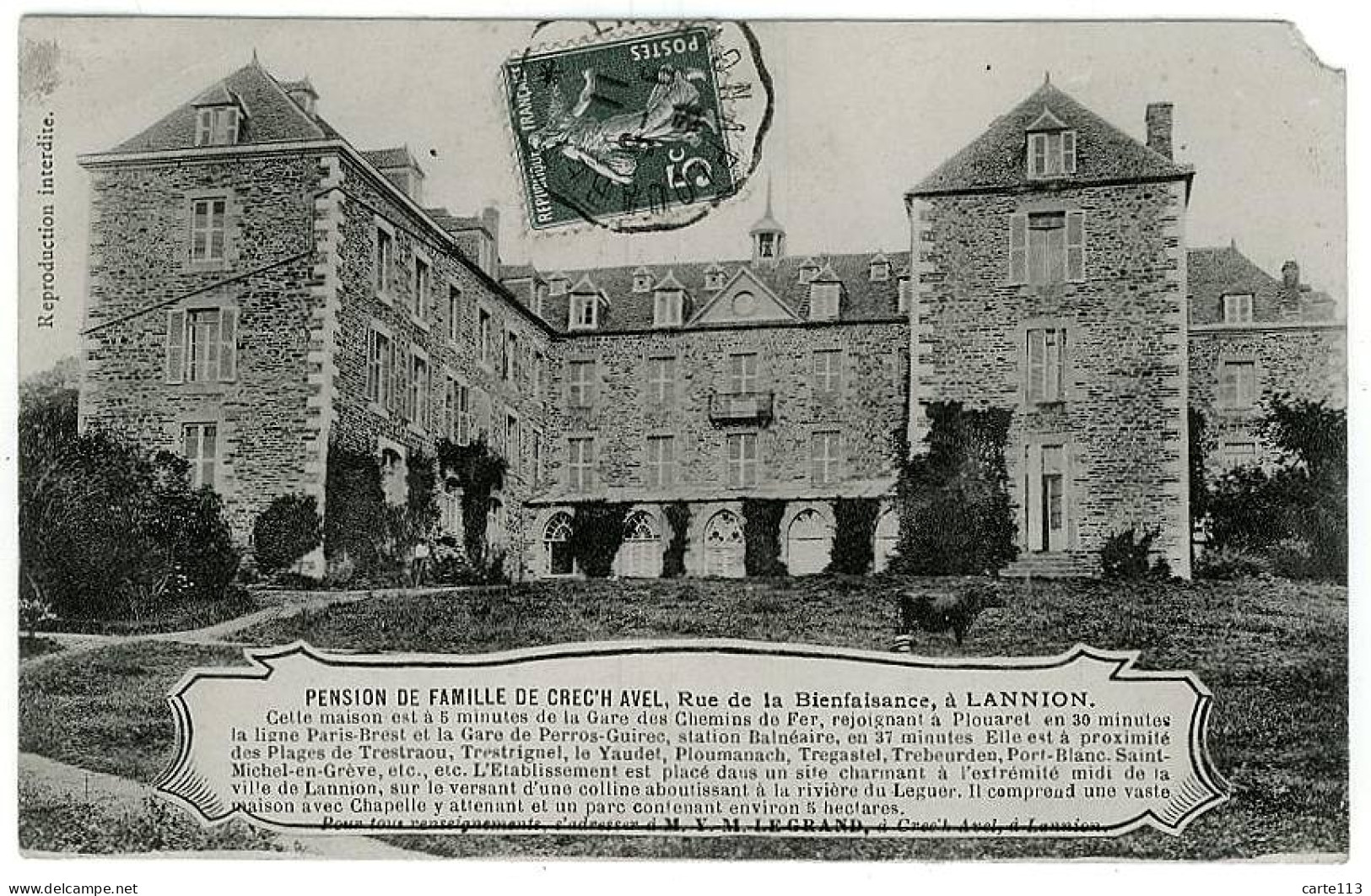 22 - B7158CPA - LANNION - Pension De Famille De CREC'H AVEL Rue De Bienfaisance - Assez Bon état - COTES-D'ARMOR - Lannion