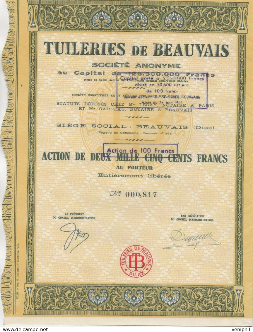 TUILERIE DE BEAUVAIS -LOT DE 2 ACTIONS  DE 2500 FRANCS -ANNEE 1919 - Industrie