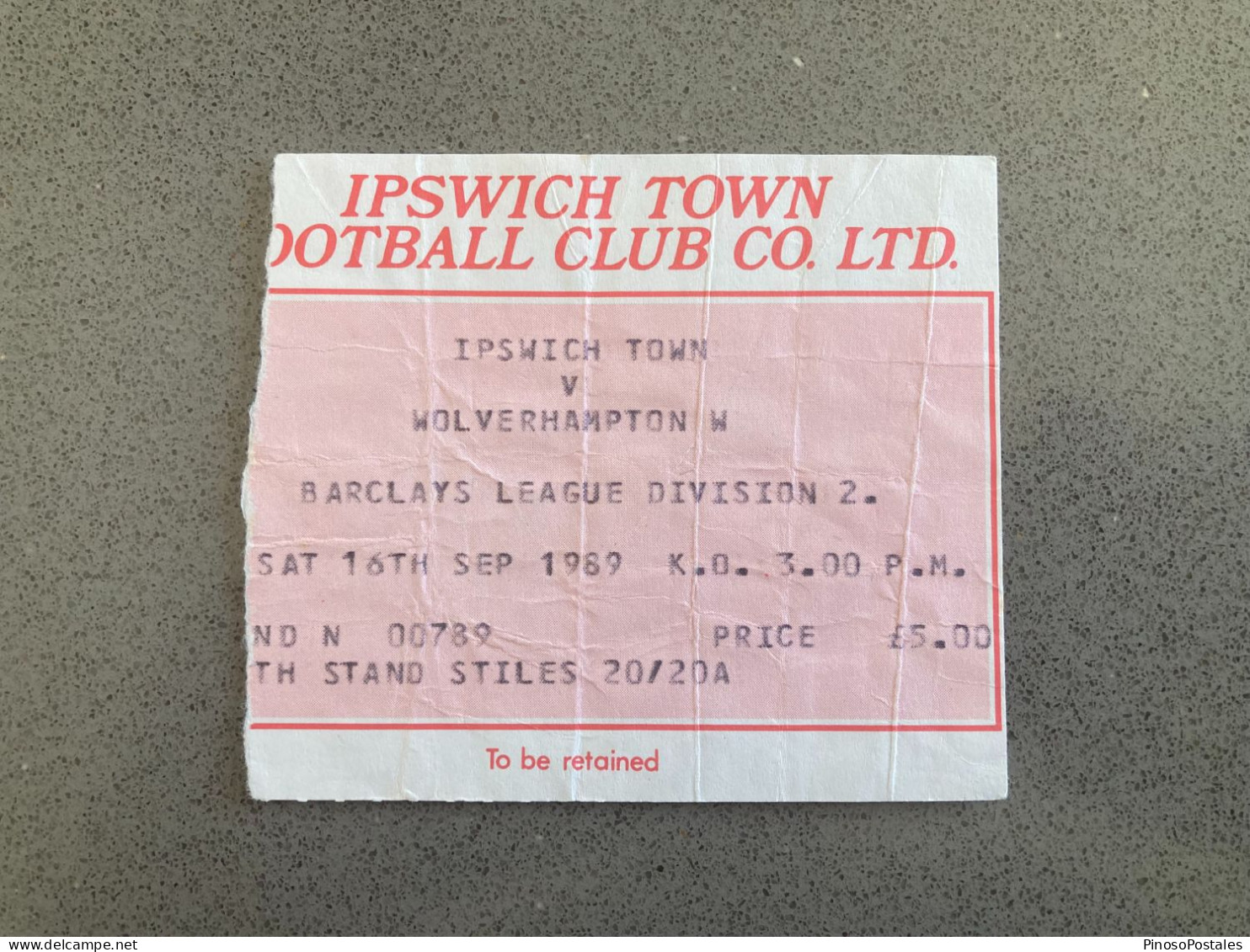 Ipswich Town V Wolverhampton Wanderers 1989-90 Match Ticket - Tickets D'entrée