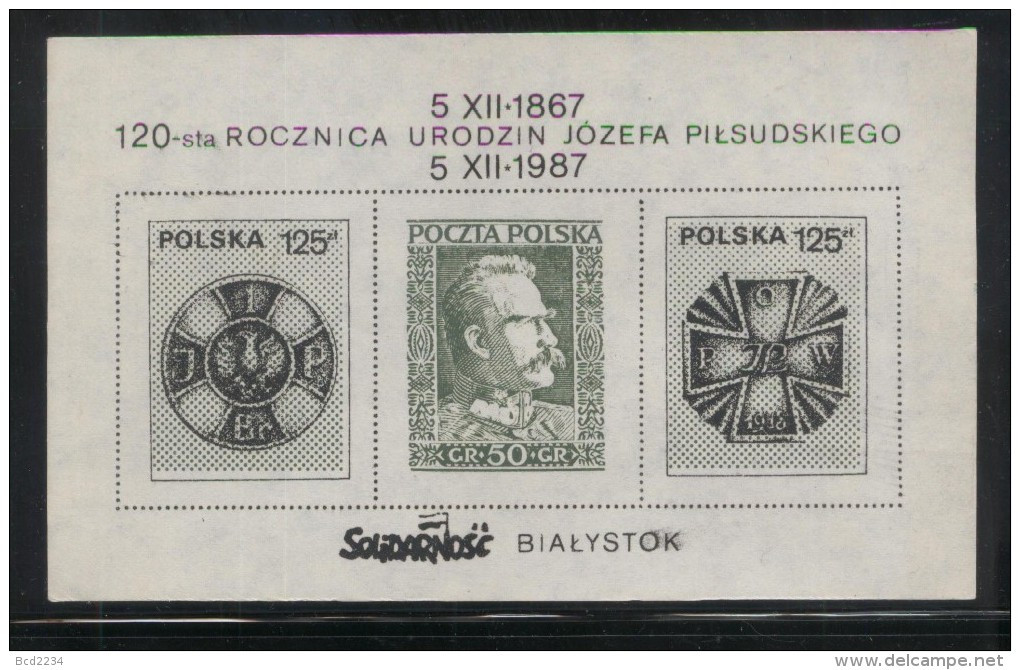 POLAND SOLIDARITY SOLIDARNOSC BIALYSTOK 1987 120TH BIRTH ANNIV MARSHALL JOZEF PILSUDSKI MS PRESIDENT SOLDIER MILITARIA - Viñetas Solidarnosc