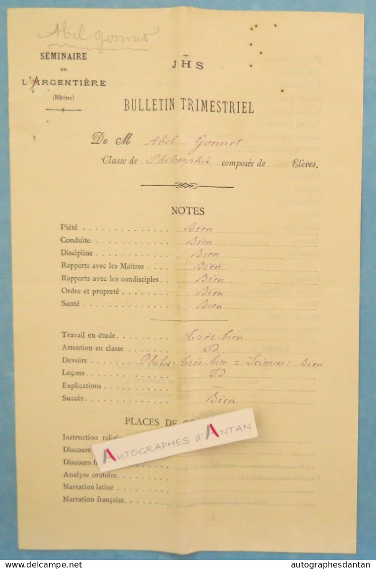 ● Séminaire De L'Argentière - Bulletin Trimestriel Scolaire 1889 Abel Gonnet Classe De Philosophie - Rhône - Diploma's En Schoolrapporten