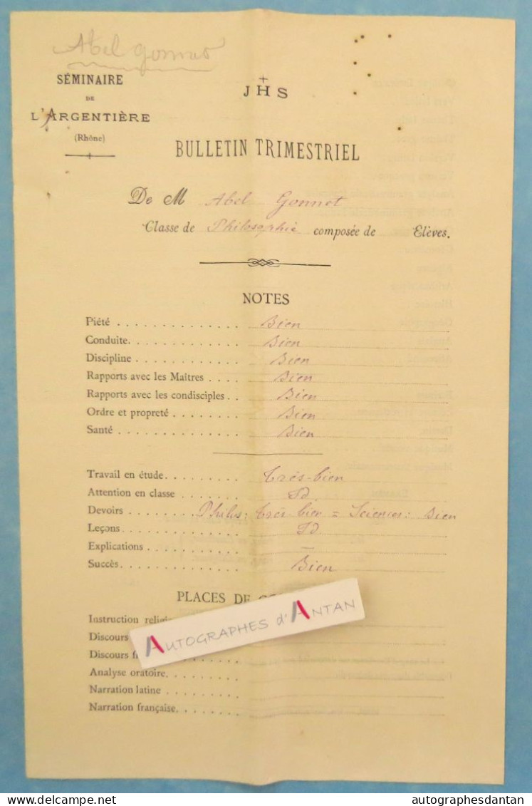 ● Séminaire De L'Argentière - Bulletin Trimestriel Scolaire 1889 Abel Gonnet Classe De Philosophie - Rhône - Diplomi E Pagelle