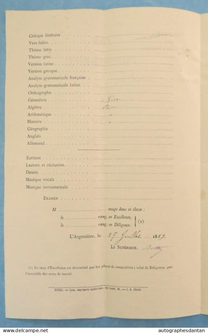 ● Séminaire De L'Argentière - Bulletin Trimestriel Scolaire 1889 Abel Gonnet Classe De Philosophie - Rhône - Diploma & School Reports