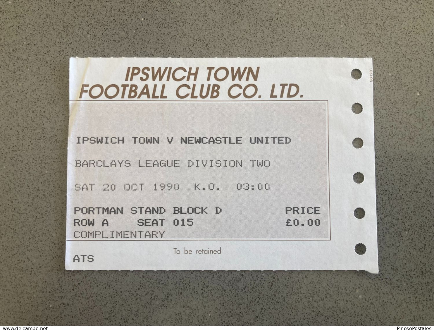 Ipswich Town V Newcastle United 1990-91 Match Ticket - Tickets - Entradas