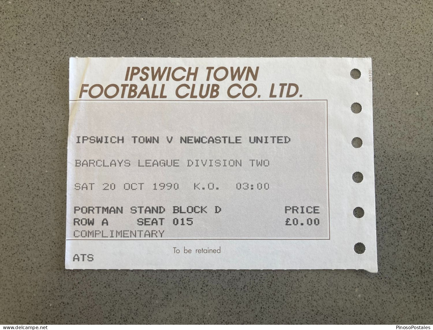 Ipswich Town V Newcastle United 1990-91 Match Ticket - Tickets D'entrée