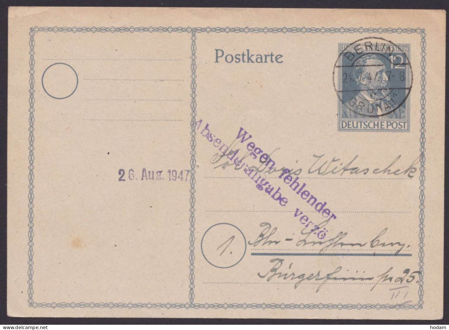 P965, O, Ortskarte "Berlin", L2,"wegen Fehlender Absenderangabe Verzögert" - Postal  Stationery