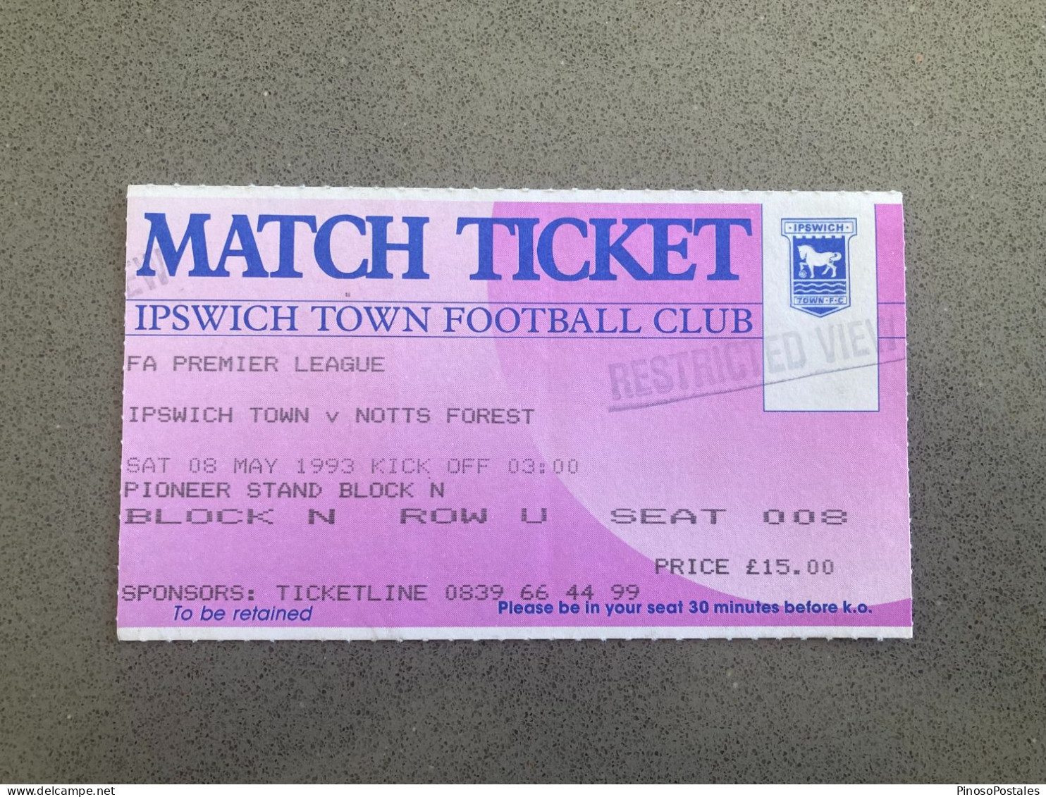 Ipswich Town V Nottingham Forest 1992-93 Match Ticket - Tickets & Toegangskaarten