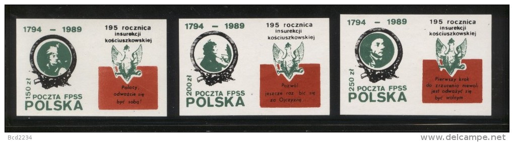 POLAND SOLIDARITY SOLIDARNOSC POCZTA FPSS 1989 195TH ANNIV KOSCIUSZKO INSURRECTION SET OF 3 MILITARIA ARMY LITHUANIA - Solidarnosc-Vignetten