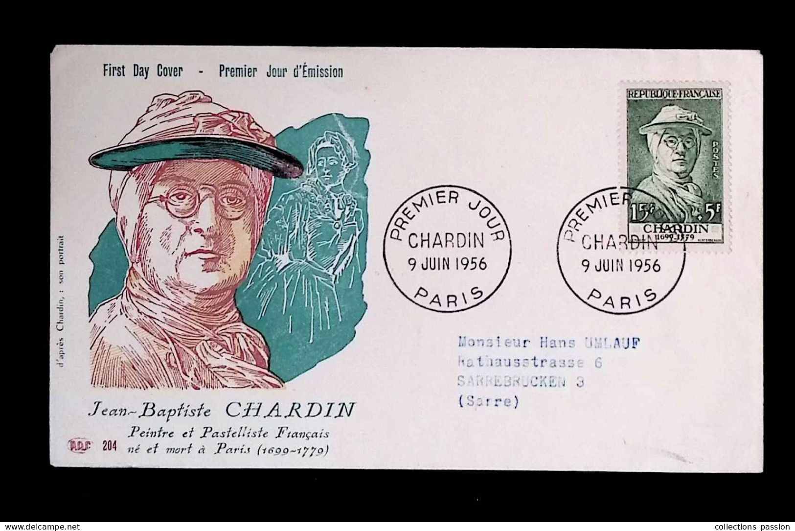 CL, FDC, Premier Jour, France, Paris, 9 Juin 1956, Jean Baptiste Chardin, Peintre Et Pastelliste Français, 1069 - 1950-1959