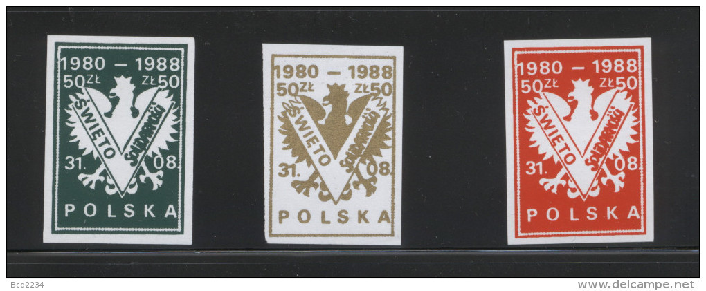 POLAND SOLIDARITY 1988 9TH ANNIV OF SOLIDARNOSC TRADE UNION SET OF 3 EAGLE - Solidarnosc Labels