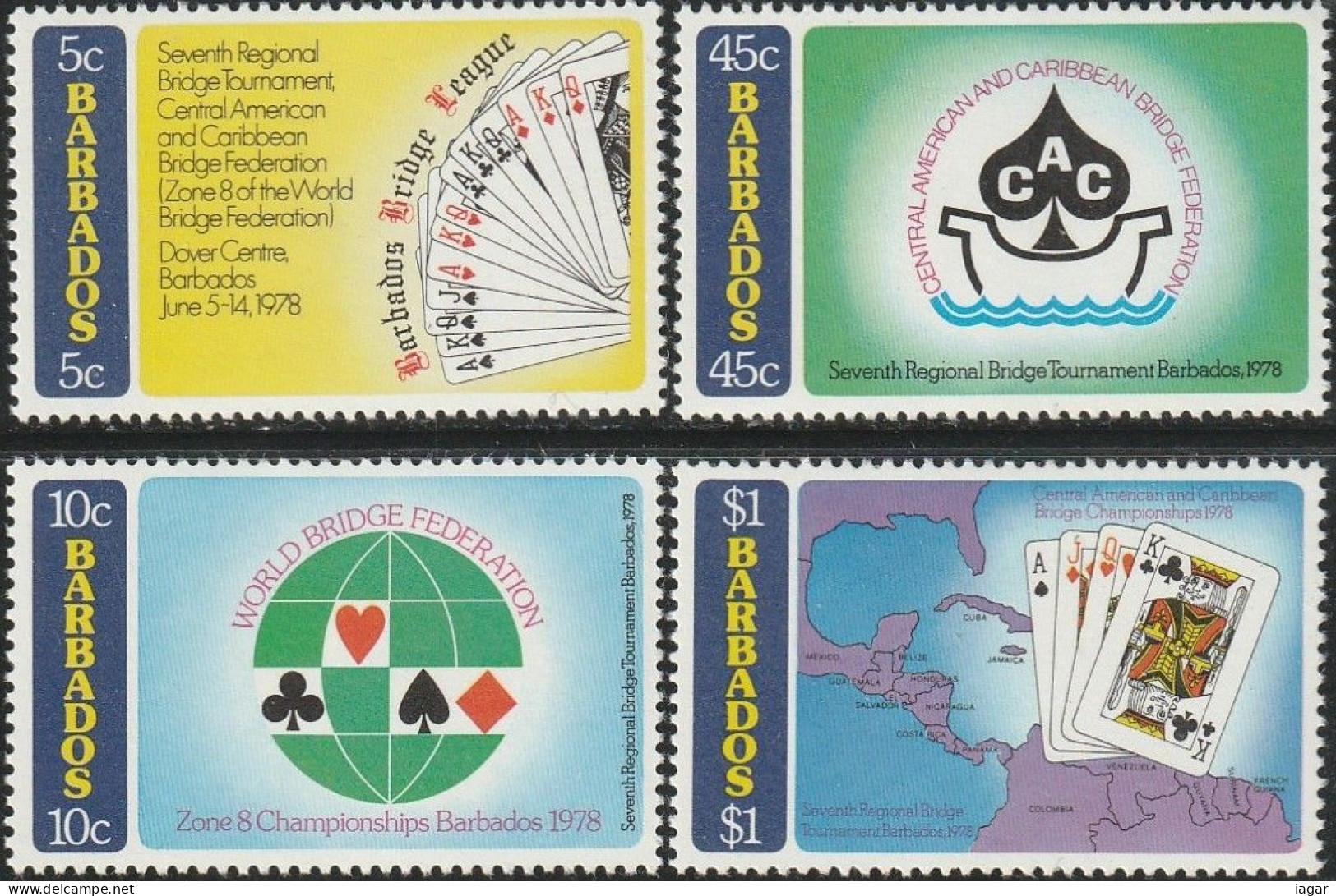 THEMATIC GAMES: BRIDGE. SEVENTH REGIONAL BRIDGE TOURNAMENT. PLAYING CARDS ON MAP OF CARIBBEAN   4v+BF    -   BARBADOS - Non Classificati