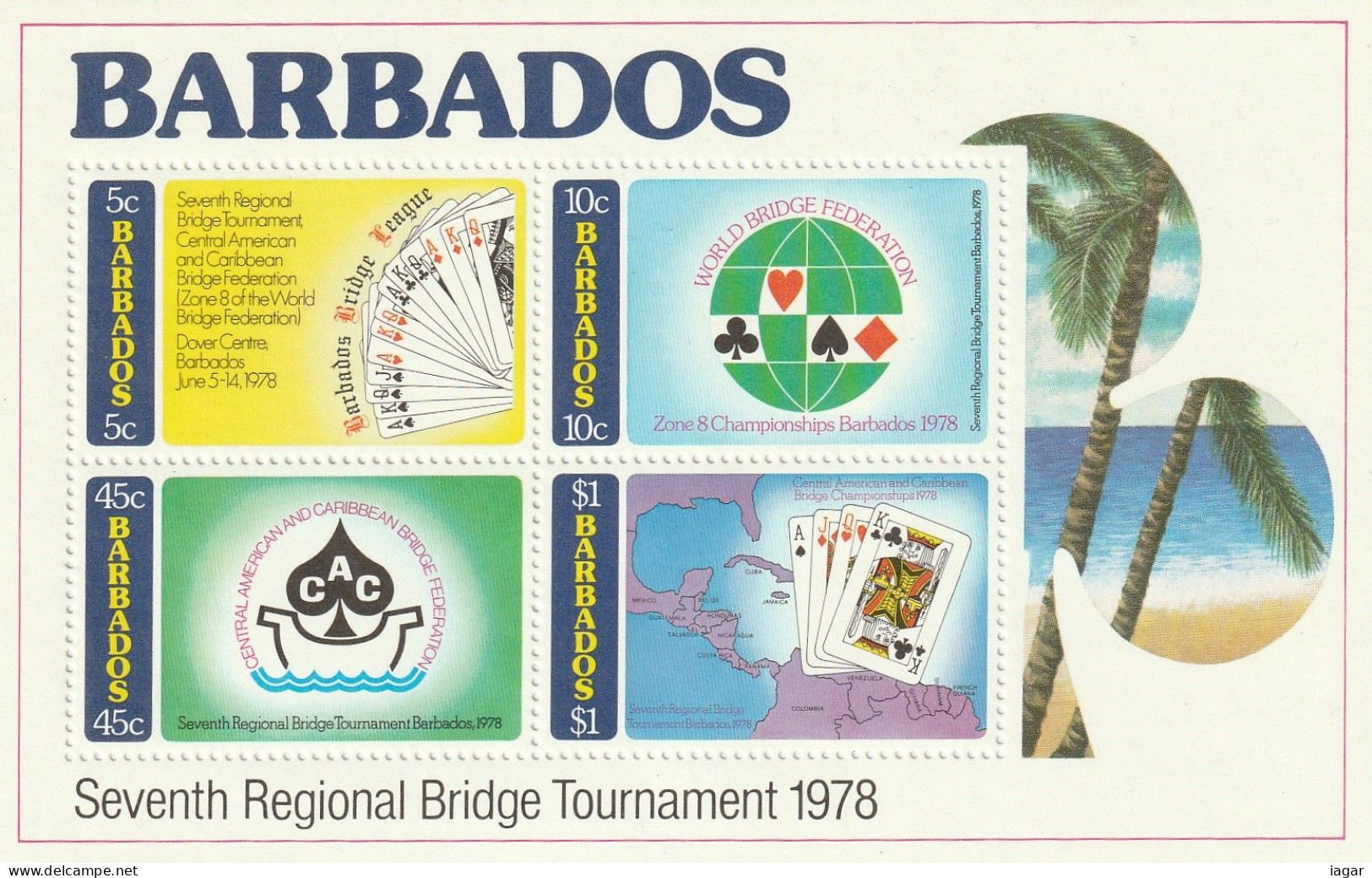 THEMATIC GAMES: BRIDGE. SEVENTH REGIONAL BRIDGE TOURNAMENT. PLAYING CARDS ON MAP OF CARIBBEAN   4v+BF    -   BARBADOS - Sin Clasificación
