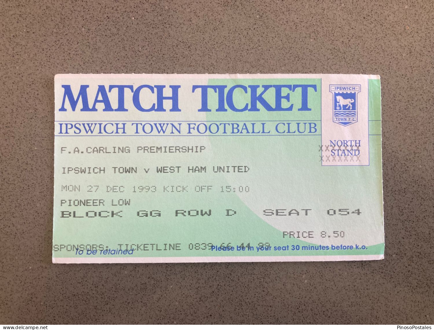 Ipswich Town V West Ham United 1993-94 Match Ticket - Match Tickets