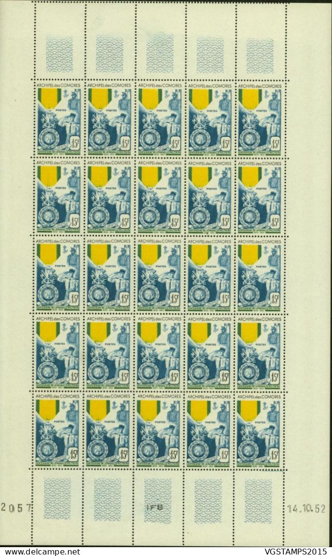 Comores 1952- Colonie Française - Timbres Neufs. Yvert Nr.: 12. Feuille De 25 Avec Coin Daté.. (EB) AR-02352 - Neufs