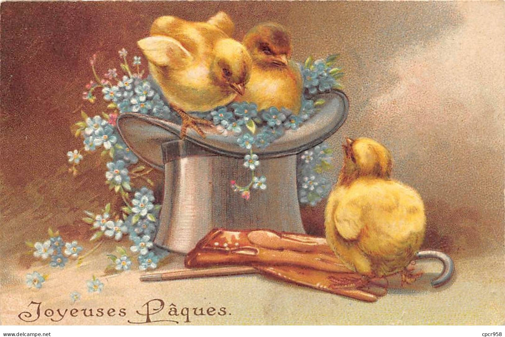 Pâques - N°84067 - Joyeuses Pâques - Poussins Dans Un Chapeau Haut De Forme Et De Gants - Carte Gaufrée - Pâques