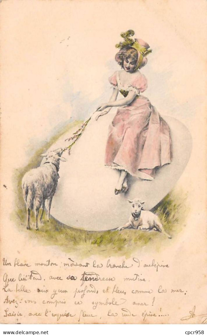 Pâques - N°84065 - M.M. Vienne - Jeune Femme Assise Sur Un Oeuf Entouré De Moutons - Pascua