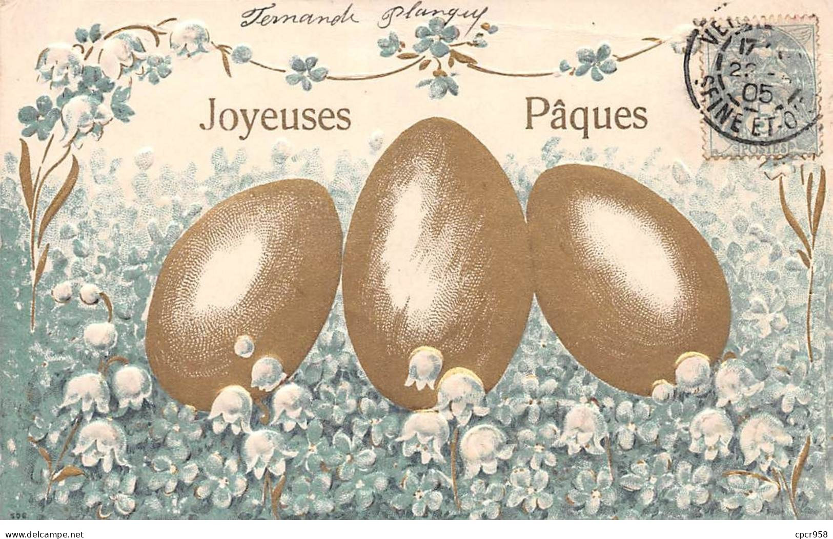 Pâques - N°84068 - Joyeuses Pâques - Oeufs Sur Des Brins De Muguets - Carte Gaufrée - Pâques