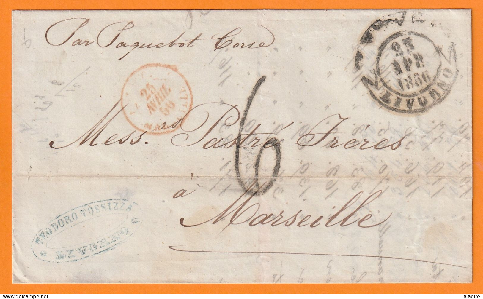 1856 - PAR PAQUEBOT CORSE - Lettera Da Livorno A Marsiglia, Francia - Lettre Maritime De Livourne à Marseille - Toskana