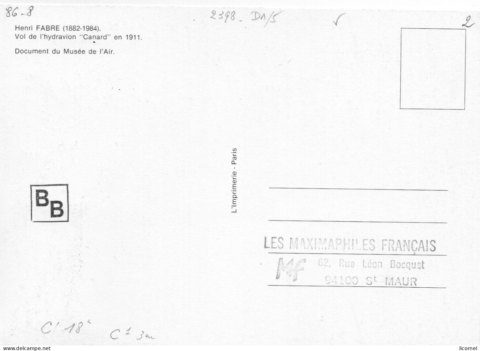 Carte Maxi 1986 Premier Jour : HENRI FABRE Vol De L Hydravion " Canard" - 1980-1989