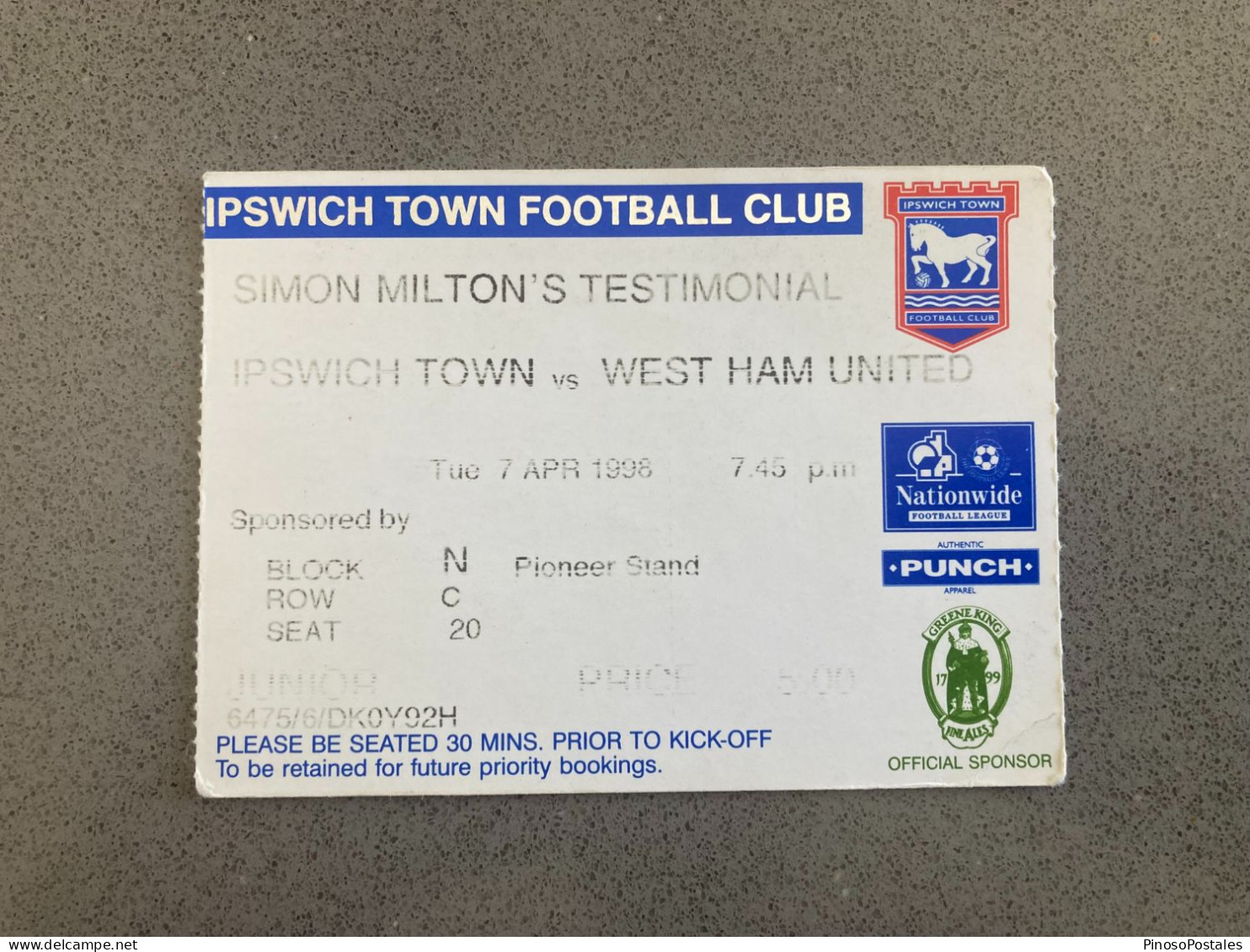 Ipswich Town V West Ham United 1997-98 Match Ticket - Eintrittskarten