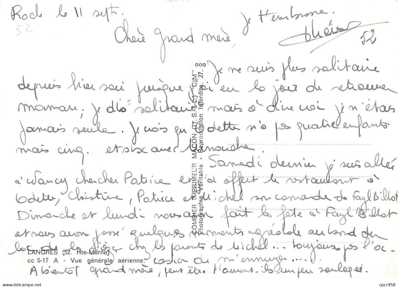 52 . N° Kri10879 Langres . Vue General Aerienne .n°cc 5-17 A . . Edition Combier  .  Sm 10X15 Cm . - Langres