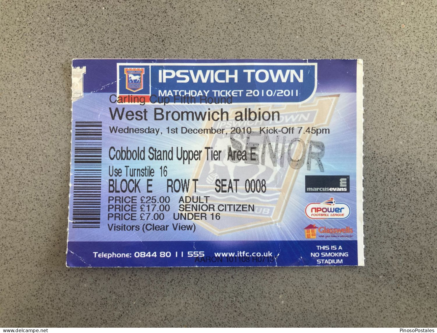 Ipswich Town V West Bromwich Albion 2010-11 Match Ticket - Tickets D'entrée