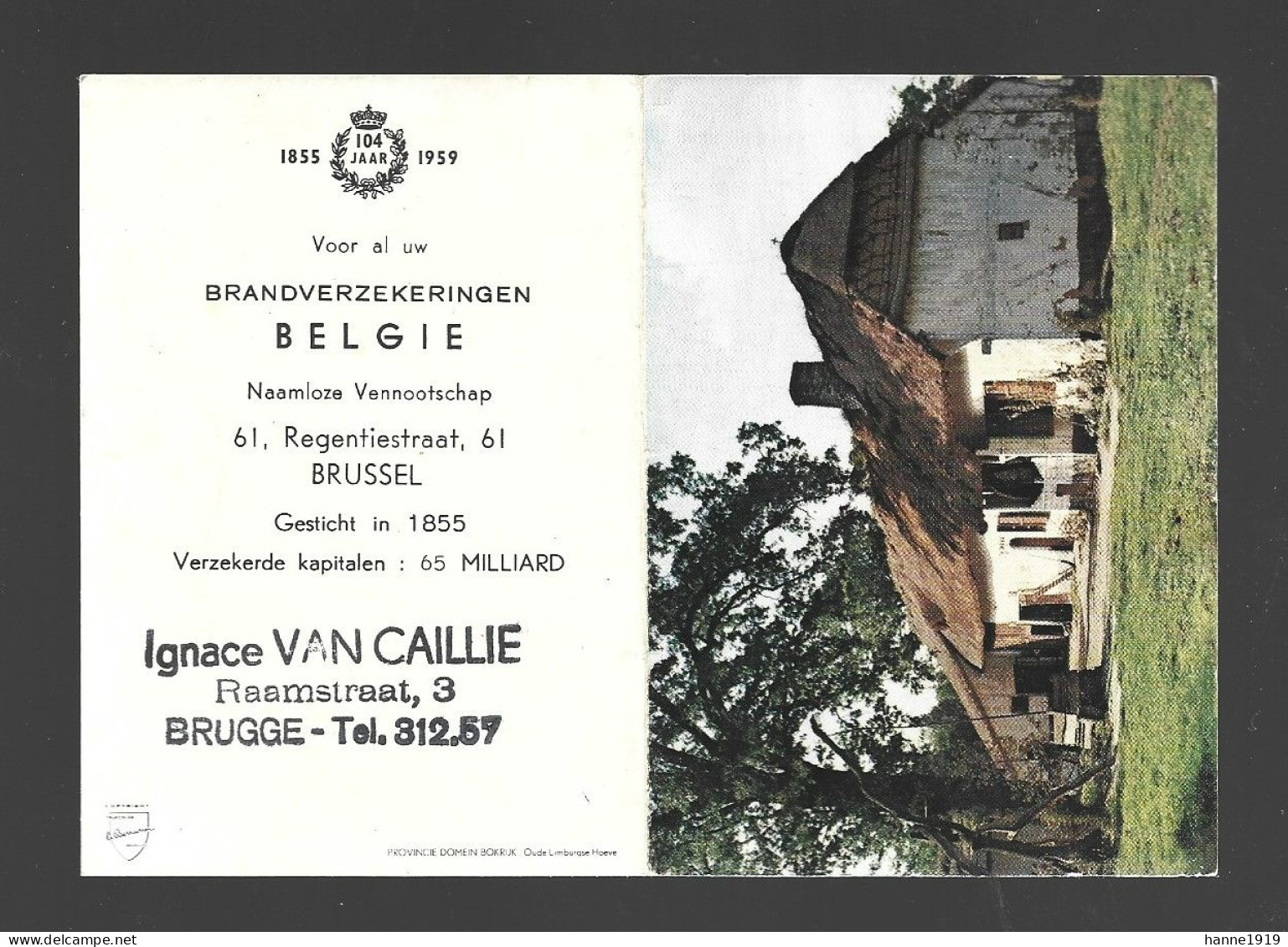 Brugge Raamstraat Van Caillie Verzekeringen Belgie Kalender 1959 Calendrier Htje - Petit Format : 1941-60