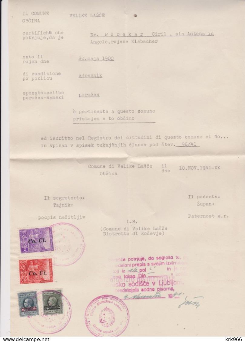 SLOVENIA,WW II,ITALY  LJUBLJANA 1941 Document Taxe Revenue - Slowenien