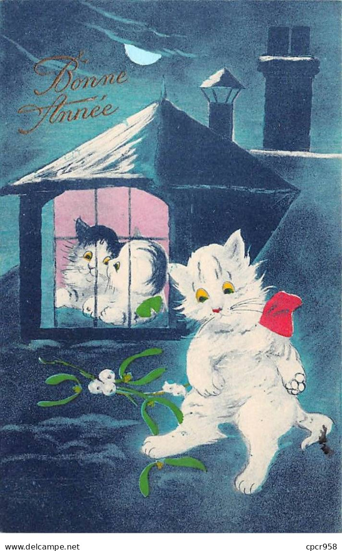 Animaux - N°83959 - Chats - Bonne Année - Chat Blanc Sur Un Toit Regardant Par La Fenêtre Un Couple De Chats - Cats