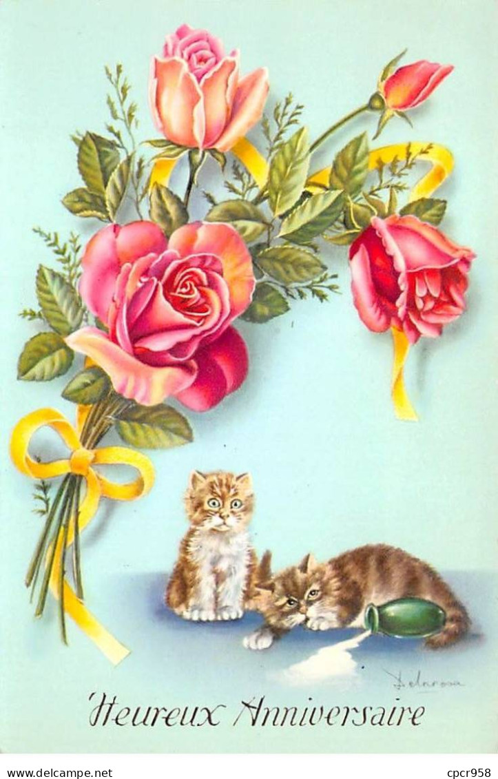 Animaux - N°83951 - Chats - Heureux Anniversaire - Chats Près D'un Vase Renversé, Et Un Bouquet De Roses - Delarosa - Cats