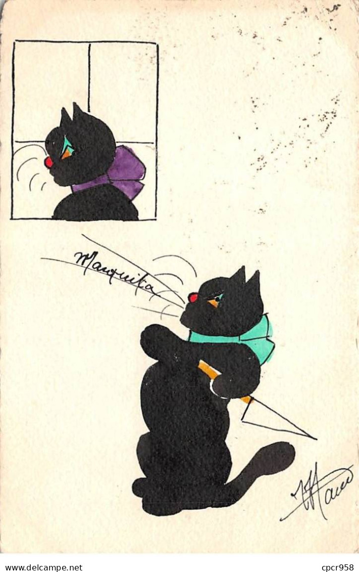 Animaux - N°83961 - Chats Noirs, Dont L'un Regardant L'autre Par Une Fenêtre - Carte Peinte à La Main - Cats