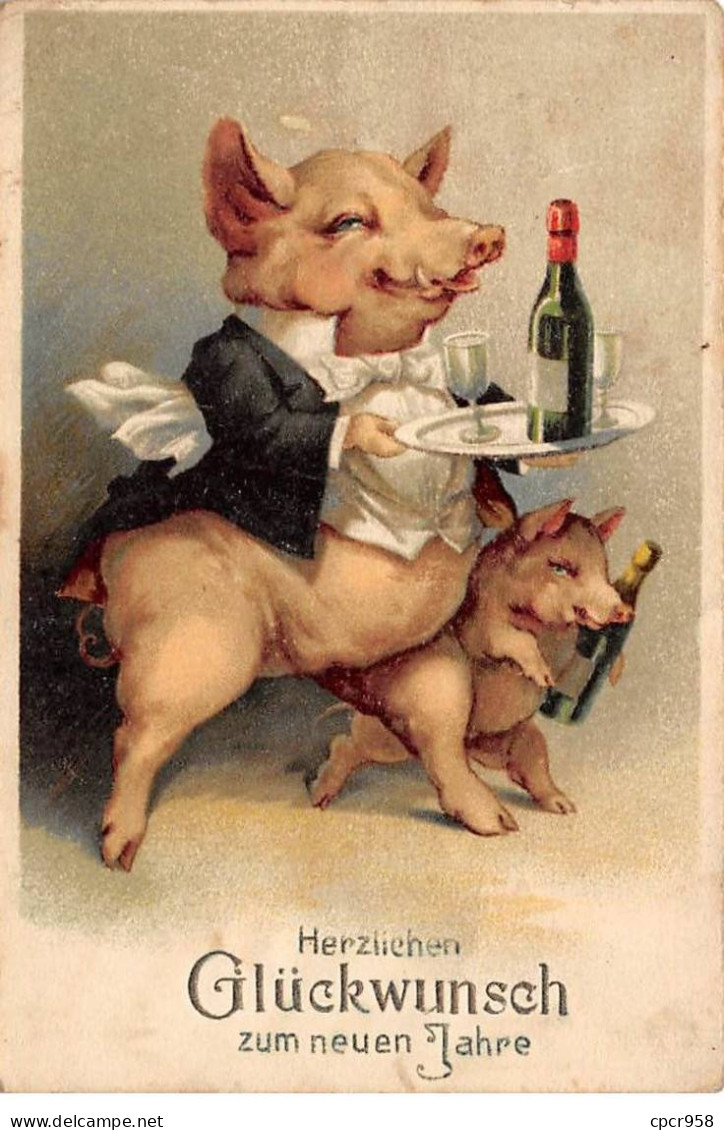 Animaux - N°83988 - Cochons - Herzlichen Glückwunsch Zum Neuen Jahre - Cochons Portant Un Plateau Avec Du Vin - Schweine