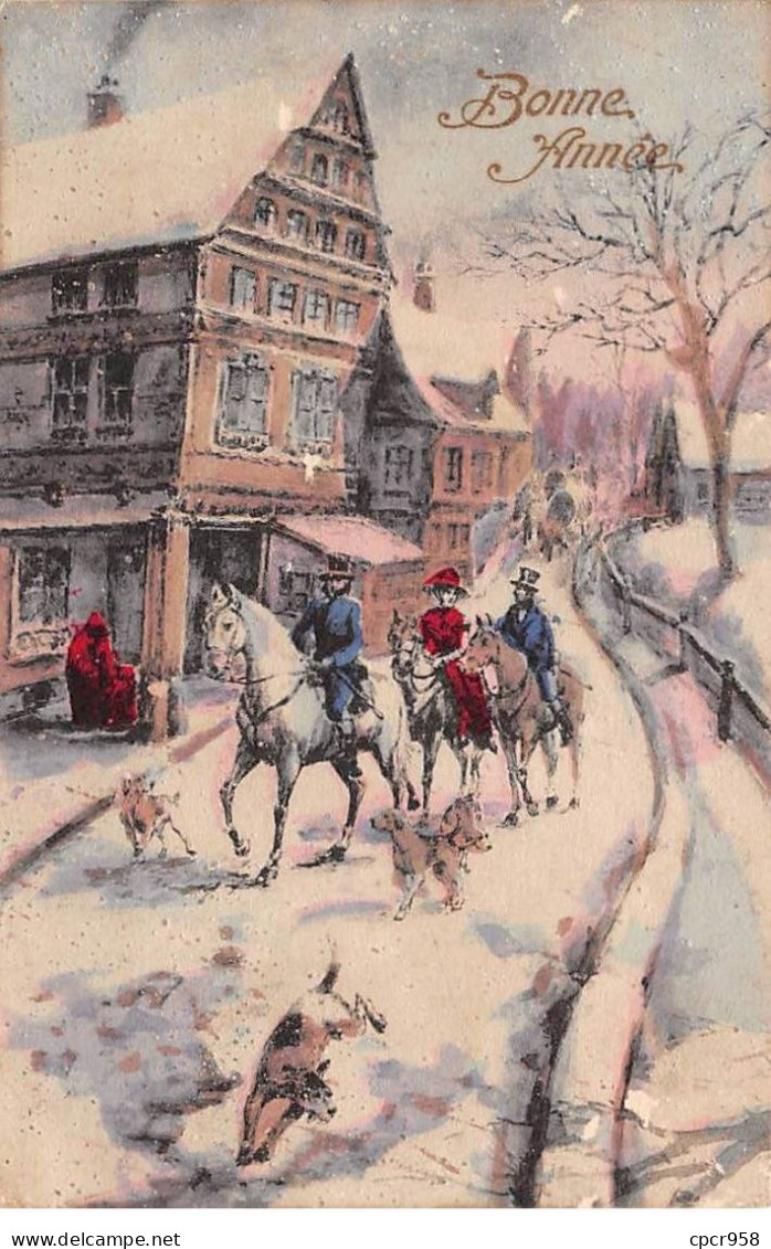 Nouvel An - N°84005 - Bonne Année - Cavaliers Et Chiens De Chasse Dans Une Rue D'une Ville Enneigée - New Year