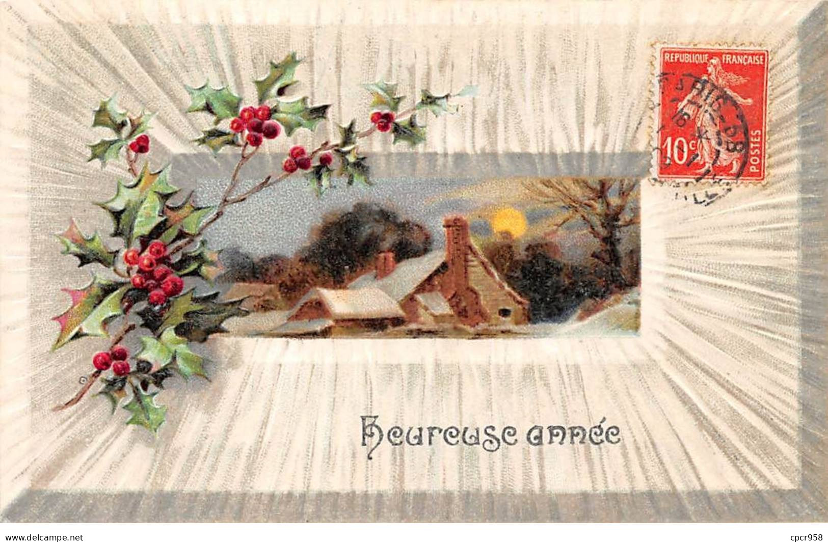 Nouvel An - N°84008 - Heureuse Année - Maison Et Branche De Houx - Carte Gaufrée - Nouvel An