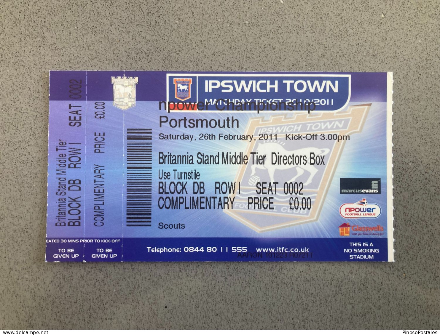 Ipswich Town V Portsmouth 2010-11 Match Ticket - Tickets D'entrée