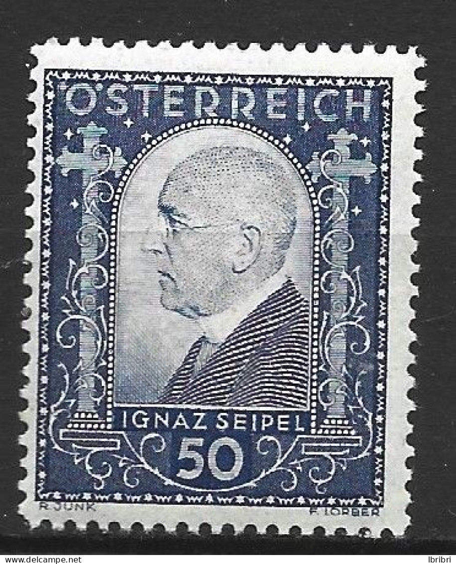 AUTRICHE N° 419 50G BLEU VIOLET MORT DE MRG IGNAZ SEIPELAU PROFIT DES BLESSES DE GUERRE NEUF AVEC CHARNIERE PROPRES - Ongebruikt