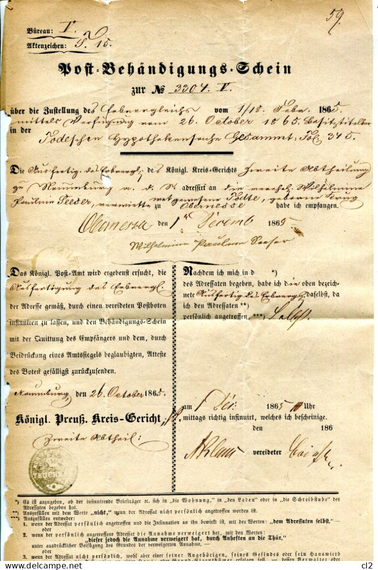 1.12.1865 - Post-Behändigungs-Schein - TEUCHERN Nach NAUMBURG - Briefe U. Dokumente