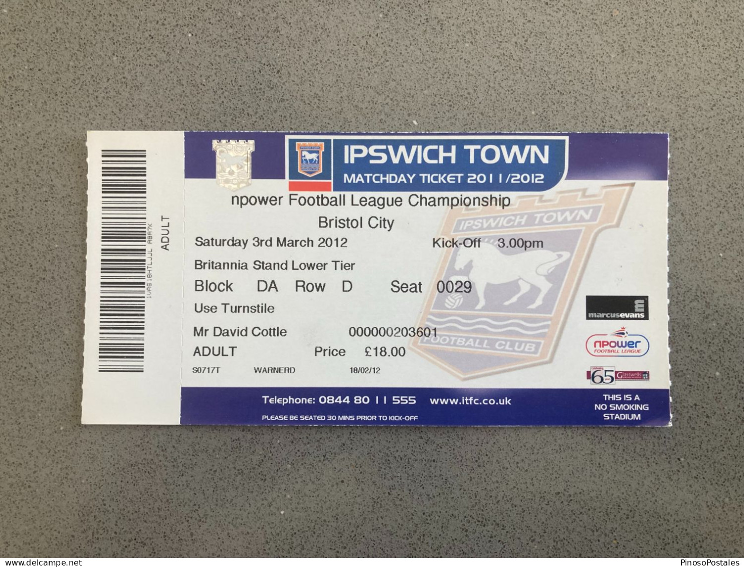 Ipswich Town V Bristol City 2011-12 Match Ticket - Tickets - Entradas