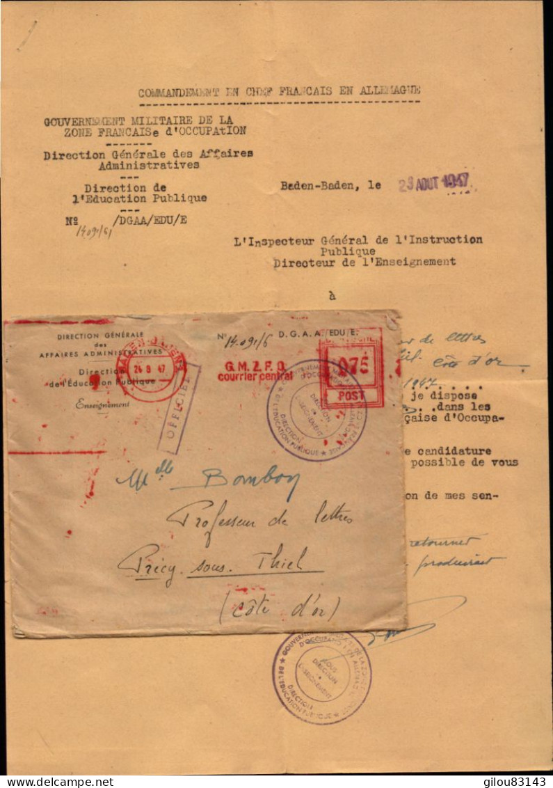 Lettre De Baden Baden, Zone Francaise D Occupation,instruction Publique Pour La France, Précy Sous Thiel, 1947 - Sellado Mecánica (Otros)