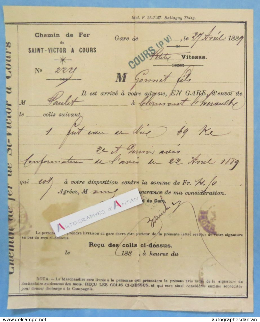 ● Gare De COURS 1889 - Chemin De Fer De Saint Victor à Cours - M Paulet à Clermont L'Hérault - Fut Eau De Vie Reçu Colis - Trasporti