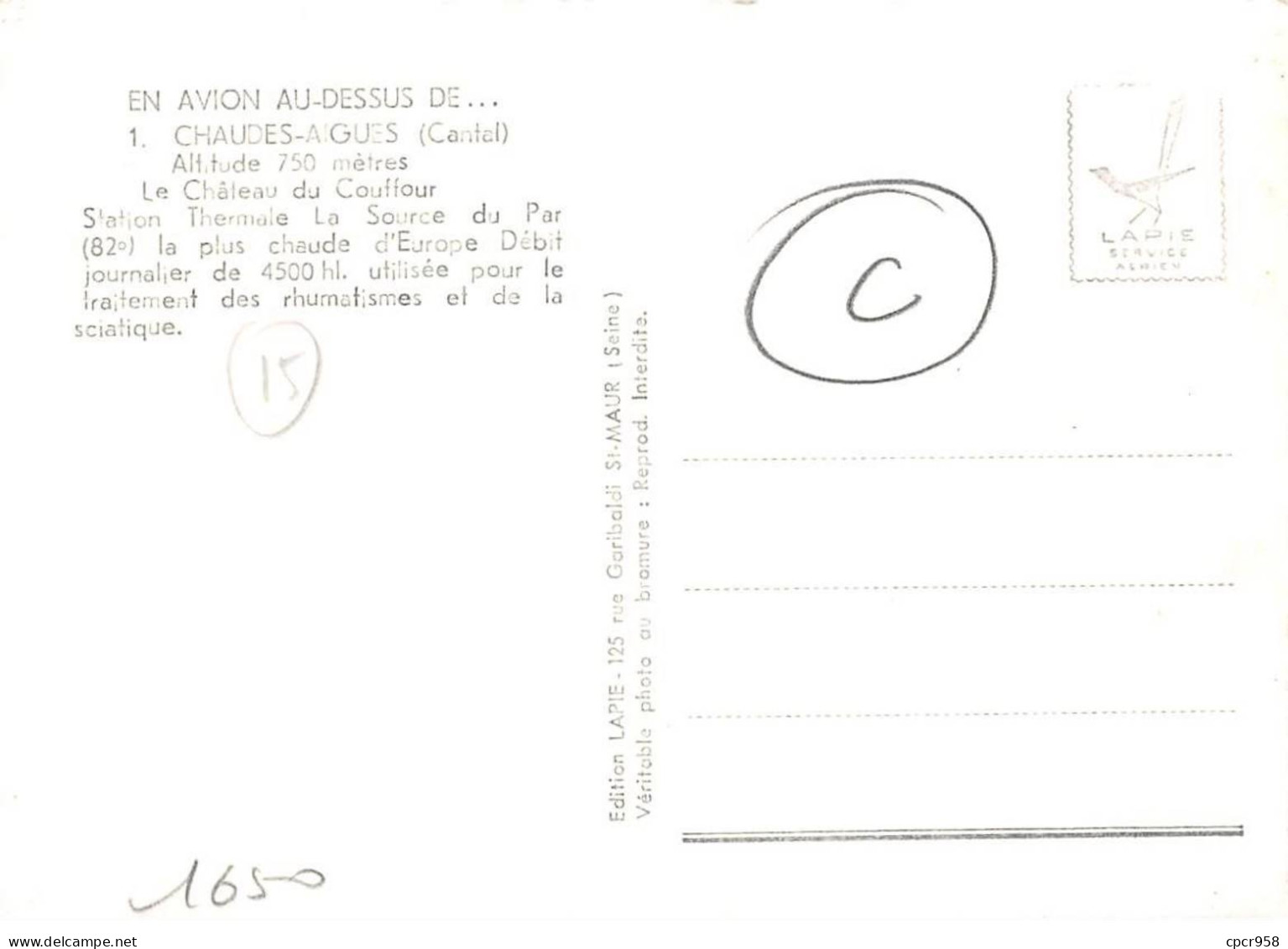 15 . N°sac10311 . Chaudes-aigues . Le Château Du Couffour N°1 . En Avion Au Dessus De . Cpsm 10X15 Cm . Lapie - Sonstige & Ohne Zuordnung