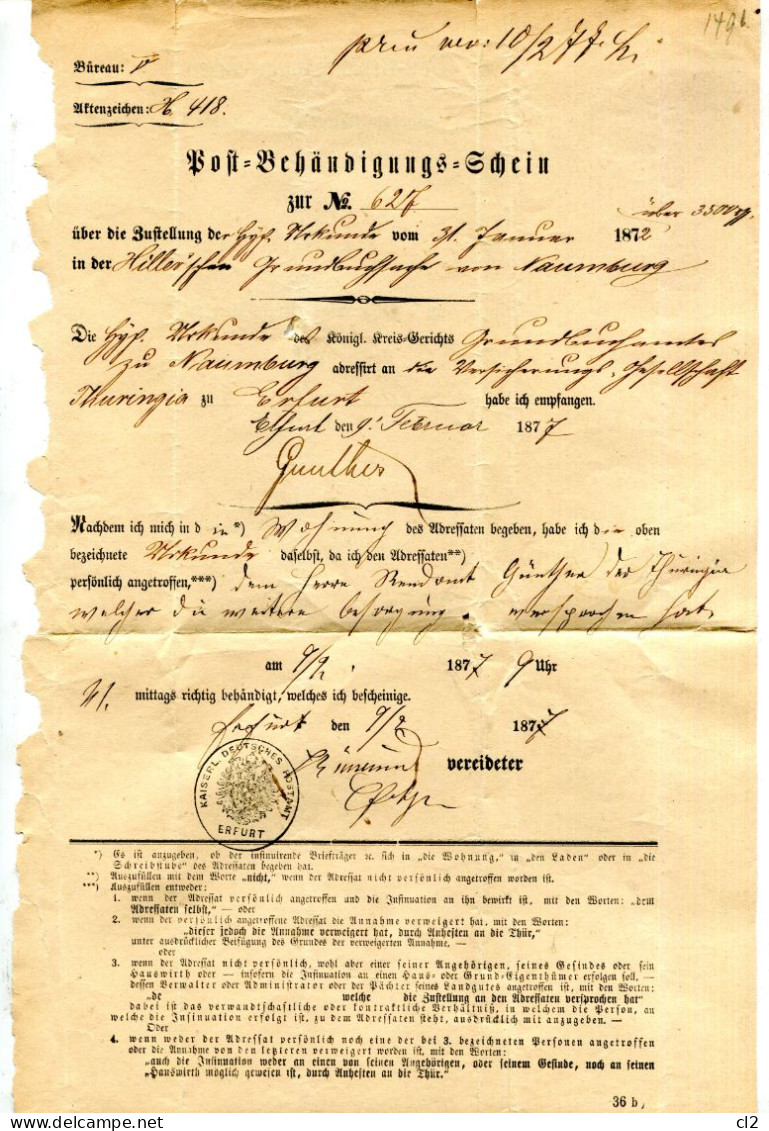 9.2.1877 - Post-Behändigungs-Schein - ERFURT Nach NAUMBURG - Cartas & Documentos