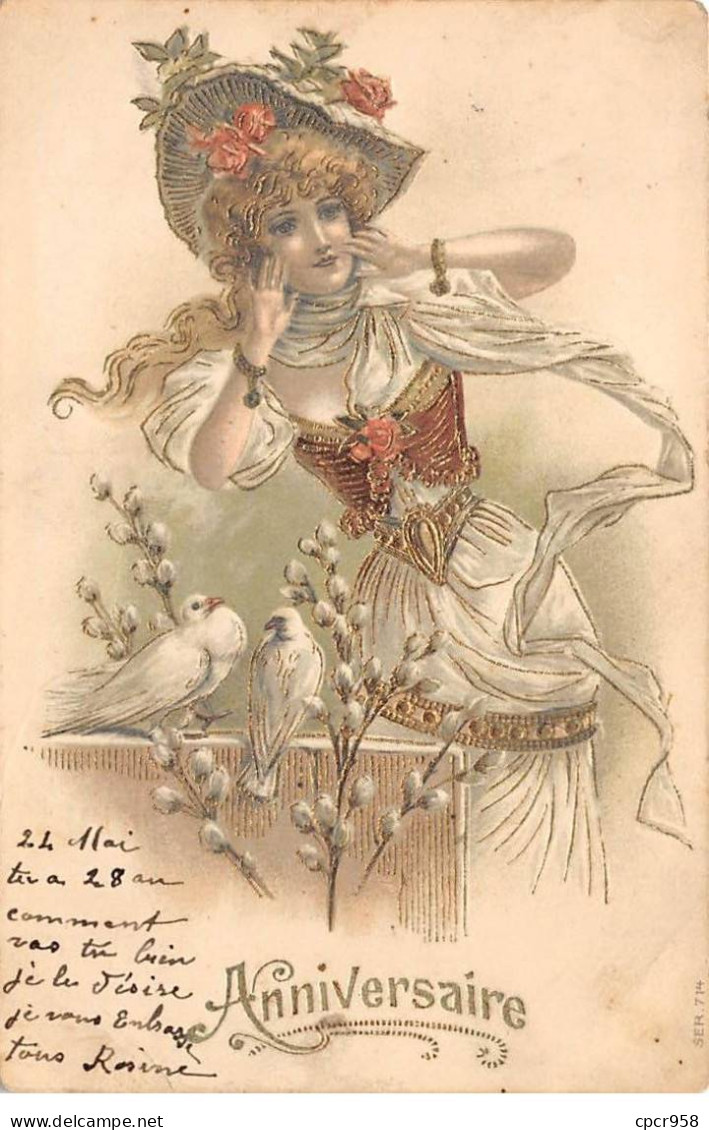 Fantaisie - N°83553 - Anniversaire - Jeune Femme Près D'oiseaux - Carte Gaufrée - Other & Unclassified
