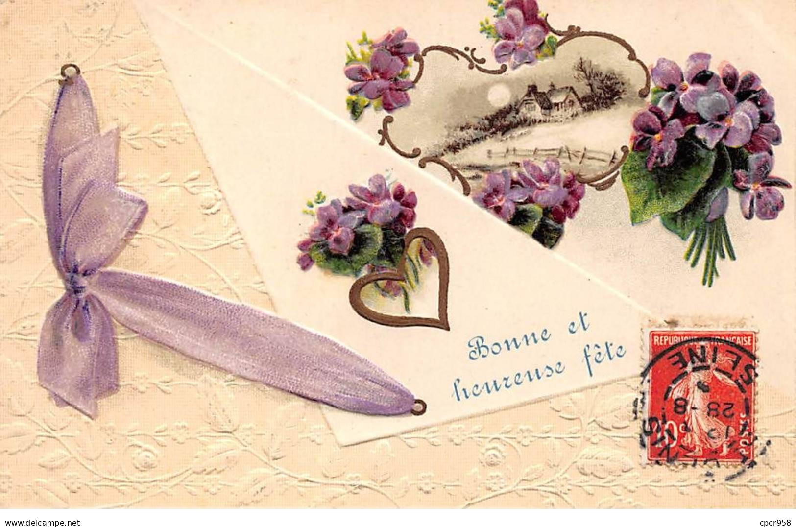 Fantaisie - N°83567 - Bonne Et Heureuse Fête - Maison Au Clair De Lune - Bouquets De Violettes - Carte Gaufrée - Andere & Zonder Classificatie